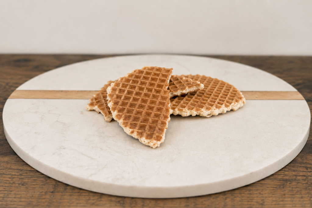 Three wafers on a round marble cutting board with a wooden edge.