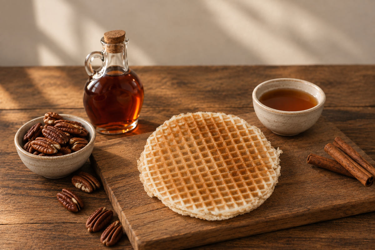A golden-brown waffle sits on a wooden cutting board on a rustic wooden table, styled with a small bowl of pecans, a glass bottle of amber syrup, a small cup of syrup, and cinnamon sticks under warm natural light.
