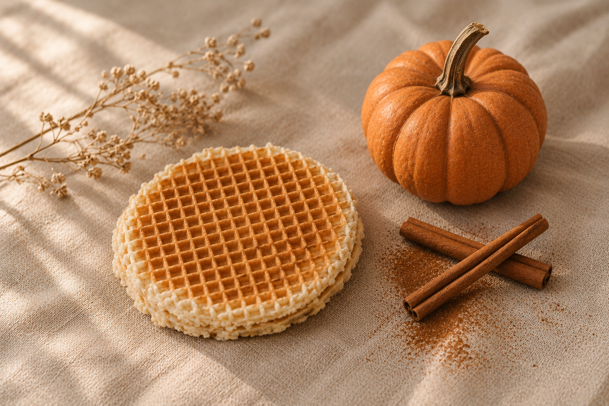 A styled flat-lay featuring golden-brown waffles on a beige linen cloth, accompanied by a small orange pumpkin, cinnamon sticks, and dried flowers.